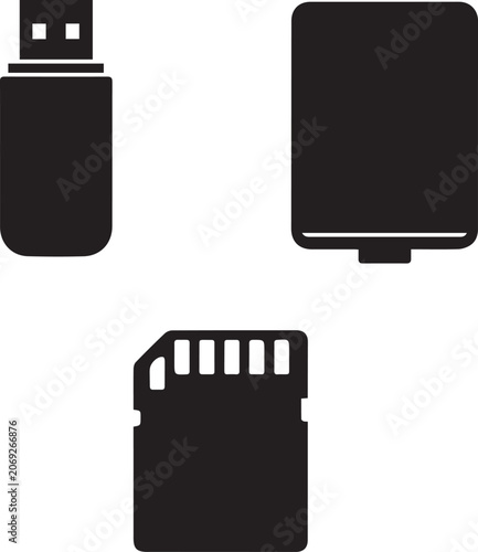 Data storage devices vector icon set with USB flash drive, external hard disk, and SD memory card silhouettes