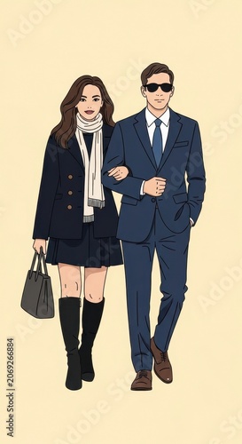 Stylish Couple Walking Arm in Arm on a Light Background.