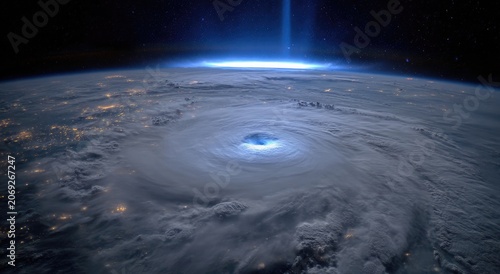 Earth from space, showing a massive storm, a city?s lights, and an otherworldly blue light above
