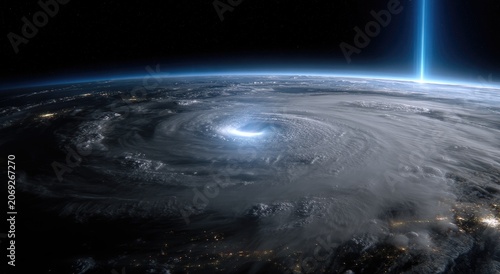A stylized depiction of Earth from space, with a large hurricane and light beam