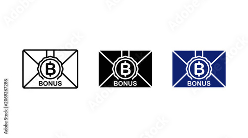 Financial bonus envelope icon set with cash reward wax seal letter and bitcoin cryptocurrency sign vector for corporate incentive salary payout business dividend and savings concepts