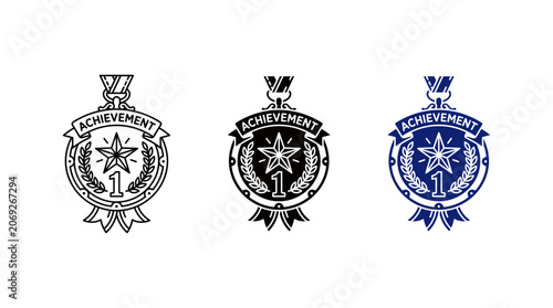 First place achievement medal icon set with number one star laurel wreath and banner vector for business excellence champion success award and winner victory concepts