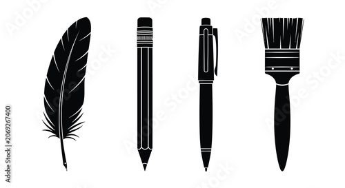 Cuadro en lienzo Writing implements and paintbrush black silhouette pen