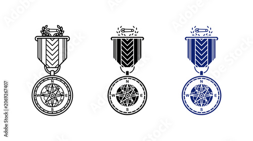 Military scout medal icon set with compass rose globe ribbon and laurel wreath award vector for navigation exploration achievement merit honor and adventure concepts