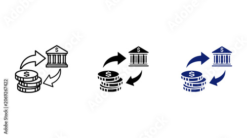 Bank transaction icon set with dollar coins and financial institution building with circular transfer arrows vector for mobile banking cash deposit money exchange and economy concepts