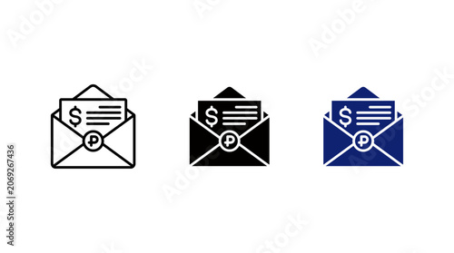 Financial invoice icon set with open envelope billing statement dollar sign and stamp vector for tax payment corporate accounting business statement and payroll concepts