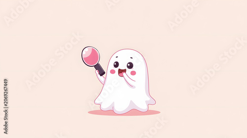 Cute cartoon ghost holding a magnifying glass smiles and enjoys looking for hidden objects during a joyful moment in a colorful background