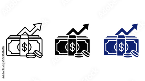 Financial growth icon set with stack of cash dollar banknotes coins and rising profit graph arrow vector for business investment revenue increase salary and savings concepts