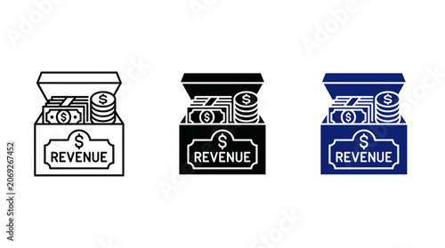 Business revenue box icon set with cash dollar banknotes and coin stack vector for corporate profit growth finance earnings financial budget and wealth savings concepts