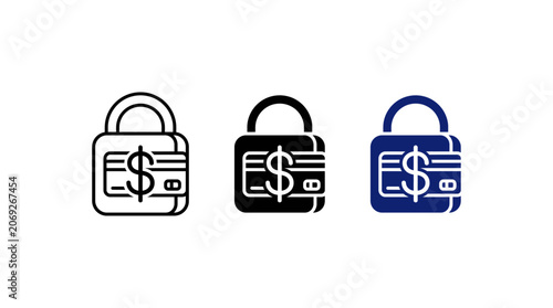 Secure payment icon set with credit card dollar sign and padlock vector for financial data protection cyber security online banking transaction safety and card lock concepts