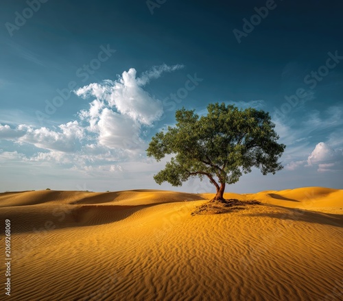 A lone, verdant tree stands tall in the vast, undulating golden desert under a bright blue sky