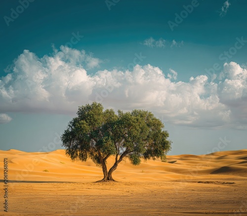 A lone tree thrives in a vast desert under a vibrant, cloud-speckled blue sky