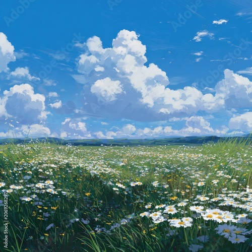 Idyllic scene depicts vast flower field under a bright blue sky with fluffy white clouds