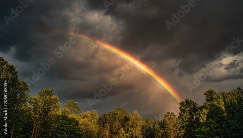 A vivid rainbow stretches across a dark, stormy sky, arching over a lush green forest