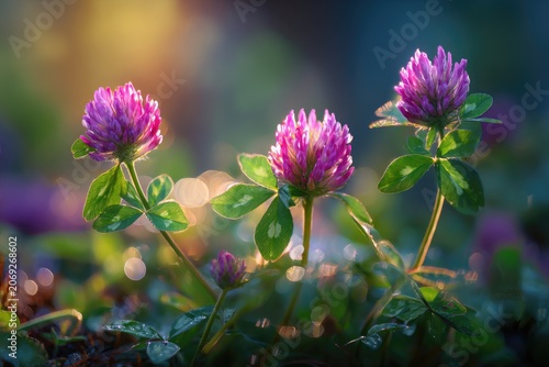 Vibrant macro of clover flowers in a sunlit meadow, showcasing pink blooms