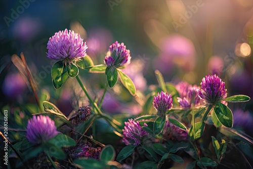Close-up of vibrant purple clover flowers illuminated by soft sunlight in a blurred field