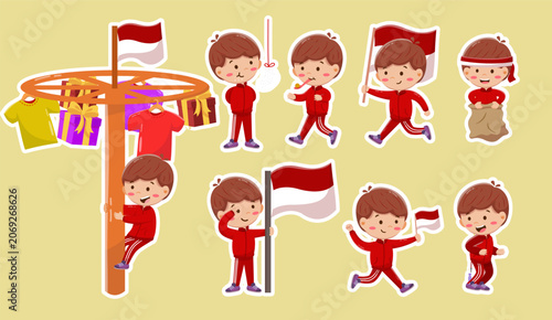 Indonesian Independence Day Game Stickers and Boy Character Set