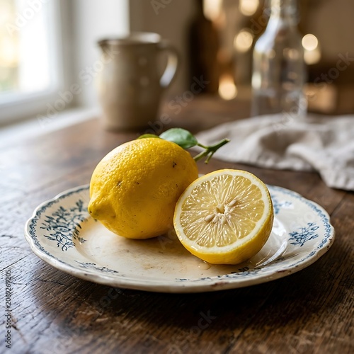 Fresh lemon slices on white plate with mint.