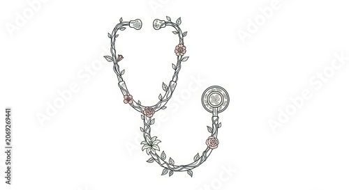 Stethoscope adorned with delicate floral vines and leaves symbolizing healthcare and nature.