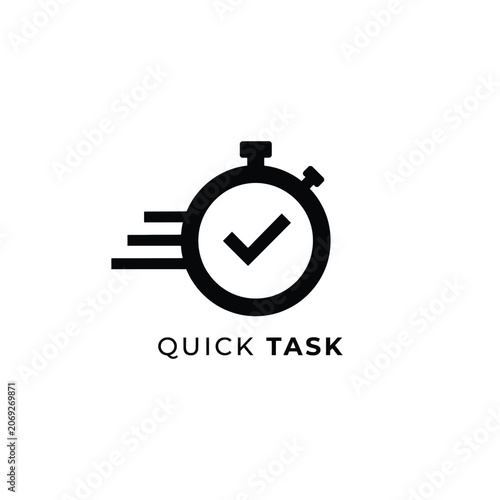 Stopwatch with checkmark icon a flat black silhouette on a white background representing task completion timer clock time completion