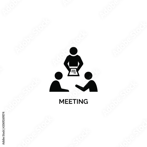 Meeting icon depicting three figures seated around a central object on a white background collaboration communication conference discussion group