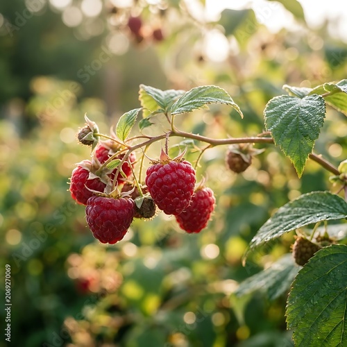 Close up of ripe red raspberries on green leaves.