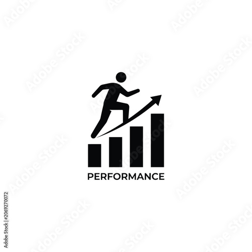 Silhouette of a person climbing a bar graph representing performance and achievement on a white background analytics ascent chart