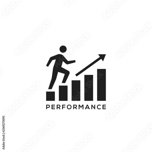 Silhouette of a person climbing a bar graph with an upward trending arrow on a white background achievement analytics ascent