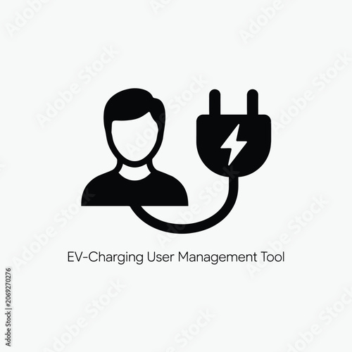 User profile silhouette connected to an electrical plug icon a flat black design application avatar black and white charging connection consumer