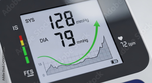 Blood pressure monitor healthcare innovation spending with digital display showing systolic and diastolic values and heart rate