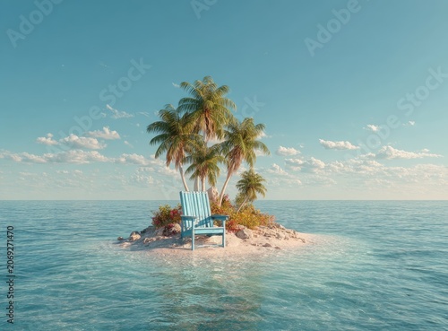 Picturesque tropical island with palm trees, a blue chair, and turquoise ocean under a bright sky
