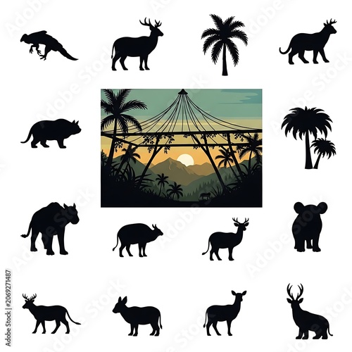 African savanna wildlife silhouettes against sunset.