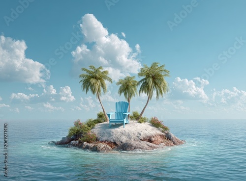 A tranquil isle scene; tropical trees surround a blue chair on a tiny land mass, amid blue waters