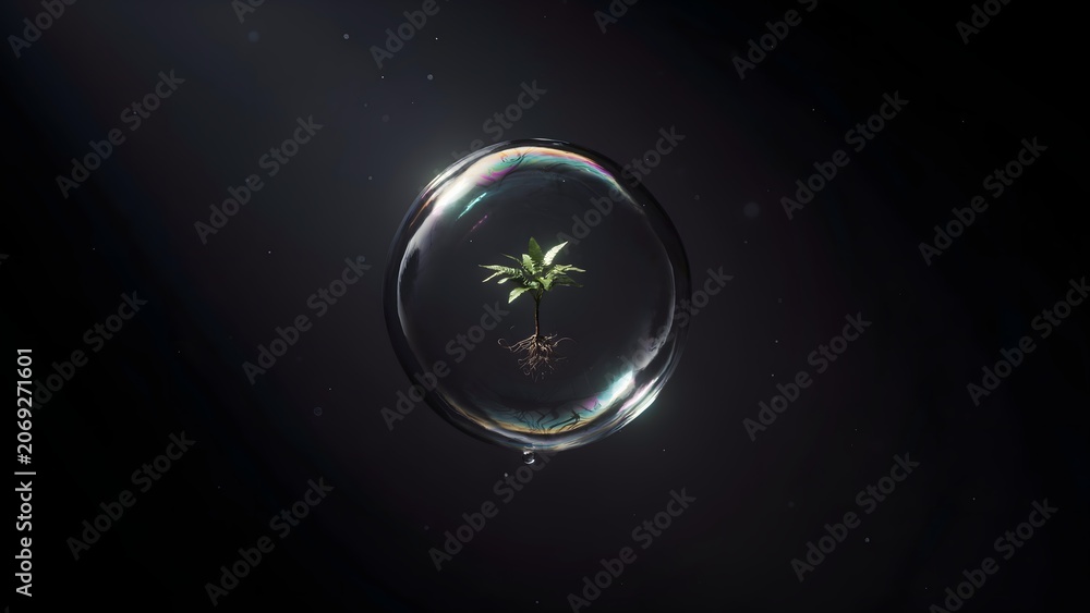Fototapeta premium Small Plant Inside Bubble with Dark Background and Light Reflection