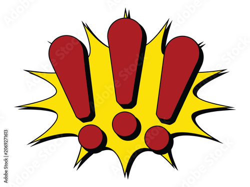 Comic speech bubble with three red exclamation marks on a transparent background, perfect for attention and alerts.