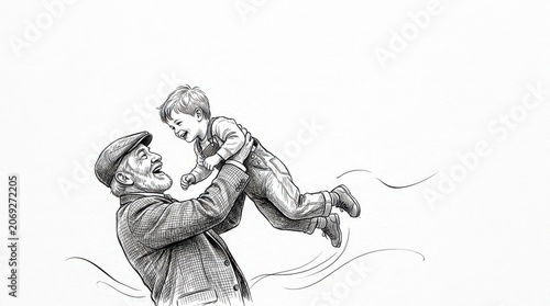 Grandfather lifting grandson in the air sketch on white background