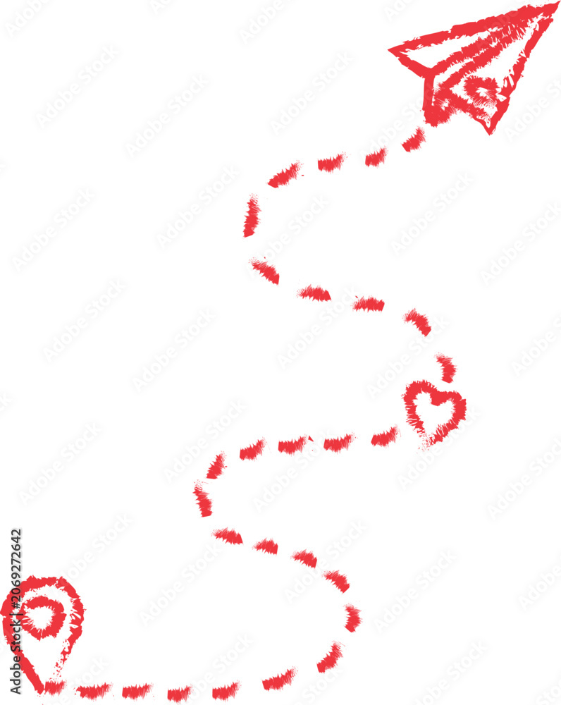 Fototapeta premium location pin vector design, Red paper plane trail, romantic journey, travel illustration