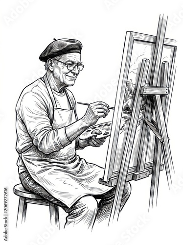 Senior artist with palette painting on easel sketch on white background
