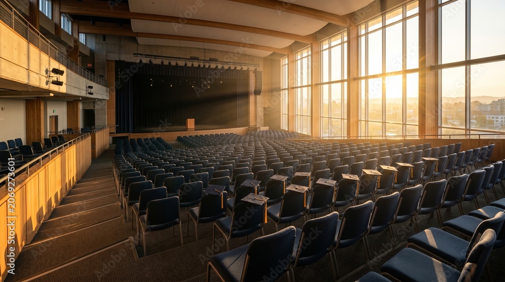 Naklejka premium Empty university lecture hall with blue chairs caps at sunset