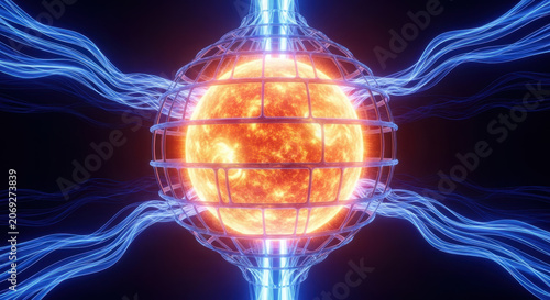 Fusion power progress concept with glowing plasma sphere surrounded by magnetic field lines in futuristic energy technology
