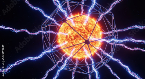 Fusion power progress concept with glowing plasma core and electric arcs in futuristic energy design