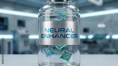 Neural enhancer concept with futuristic microchips floating inside clear glass bottle in high tech laboratory setting
