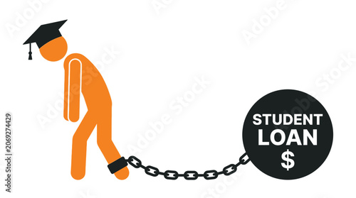 An orange stick figure graduate wearing a cap is chained to a heavy debt ball