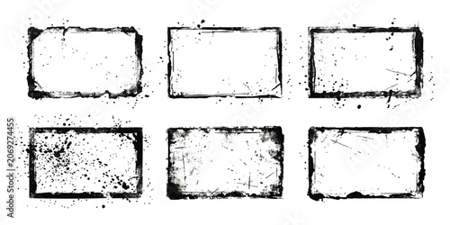 Schilderij op canvas Set of six rectangular grunge frames with ink splatters and rough distressed edg