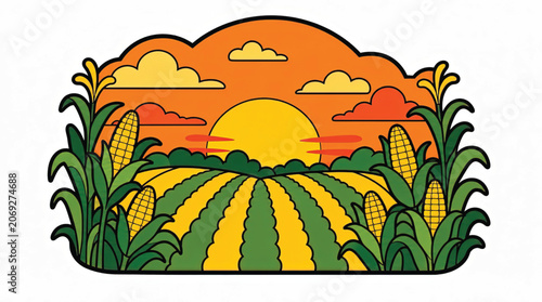 Cartoon corn field at sunset.
