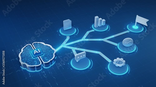A powerful agentic AI system depicted as a glowing brain orchestrates a complex network of digital tasks. It autonomously connects data, analyzes information, facilitates communication, and drives