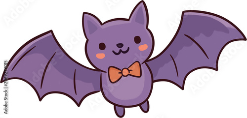 Cute kawaii purple bat flying with orange bowtie, Halloween doodle illustration.