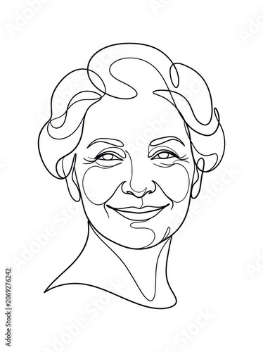 Continuous line art of smiling senior woman portrait on white background