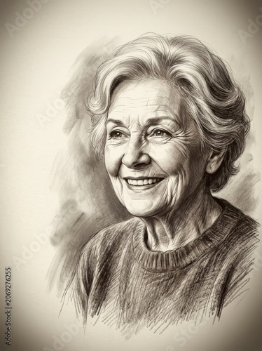 Pencil sketch portrait of smiling senior woman with vignette background