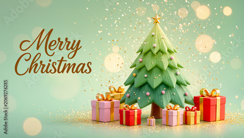 Merry Christmas 2026 3D Illustration of Festive Tree and Gifts